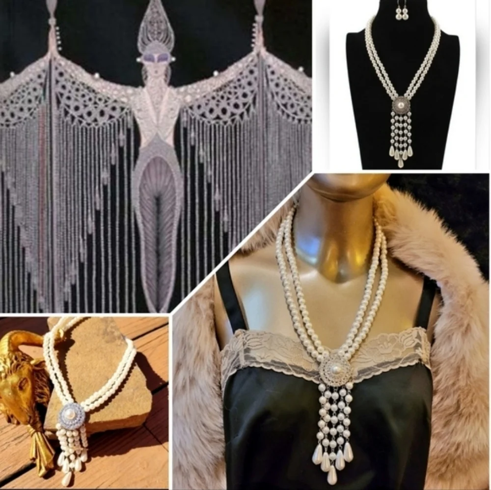 NWT Pearl Crystal Tassel Art Deco Silver Necklace & Earrings Set